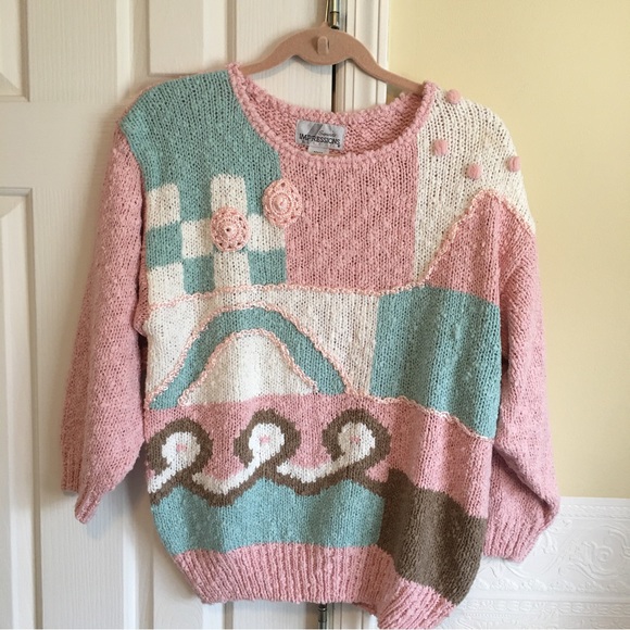 Abstract Color block Crotched Knit Long Sleeve Sweater Woman’s Size Medium nwot - Picture 4 of 10